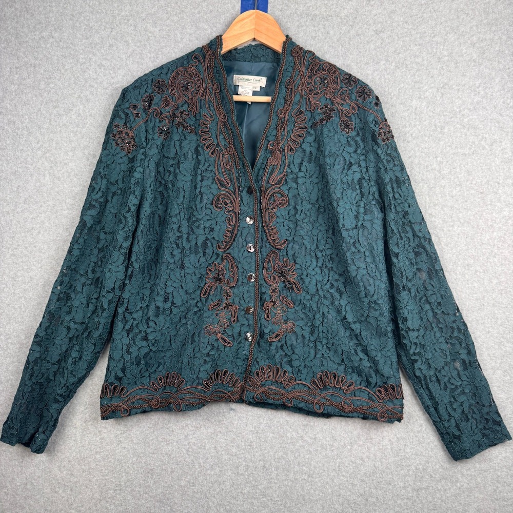 Coldwater Creek Jacket Womens Large Teal Lace Beaded Soutache Evening Blazer